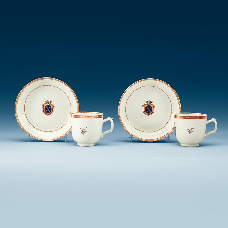 A pair of armorial cups with saucers, Qing dynasty, Qianlong (1736-95).