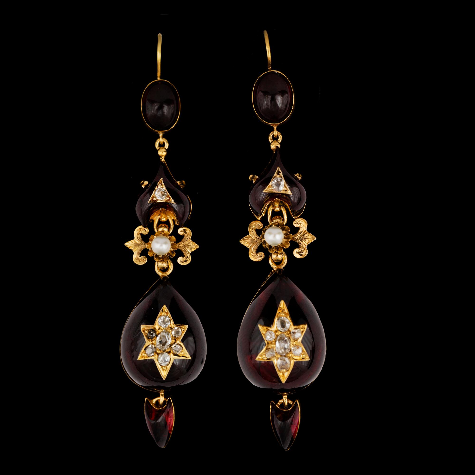 A pair of garnet and antique cut diamond earrings, c.1900.