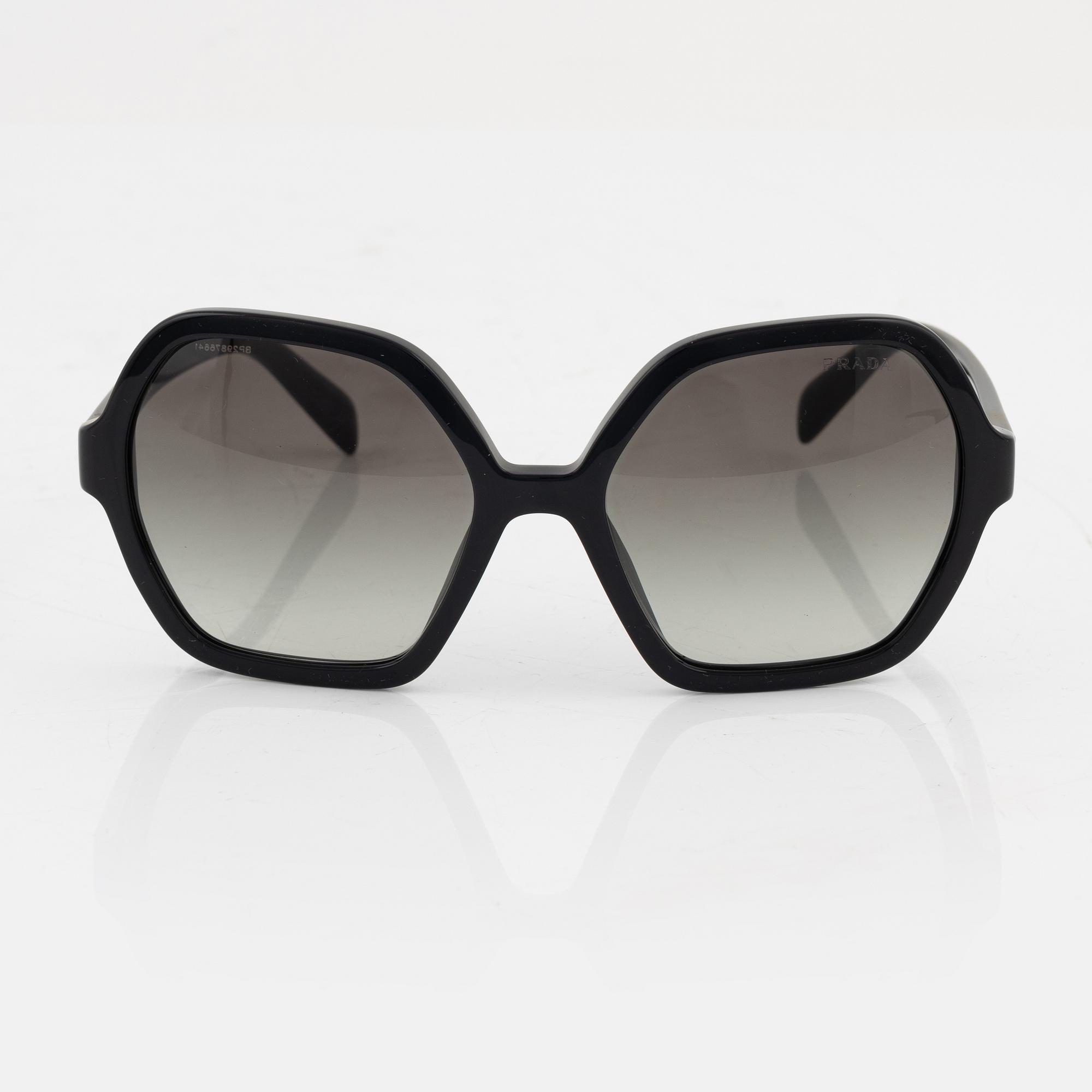 Prada, a pair of black sunglasses.