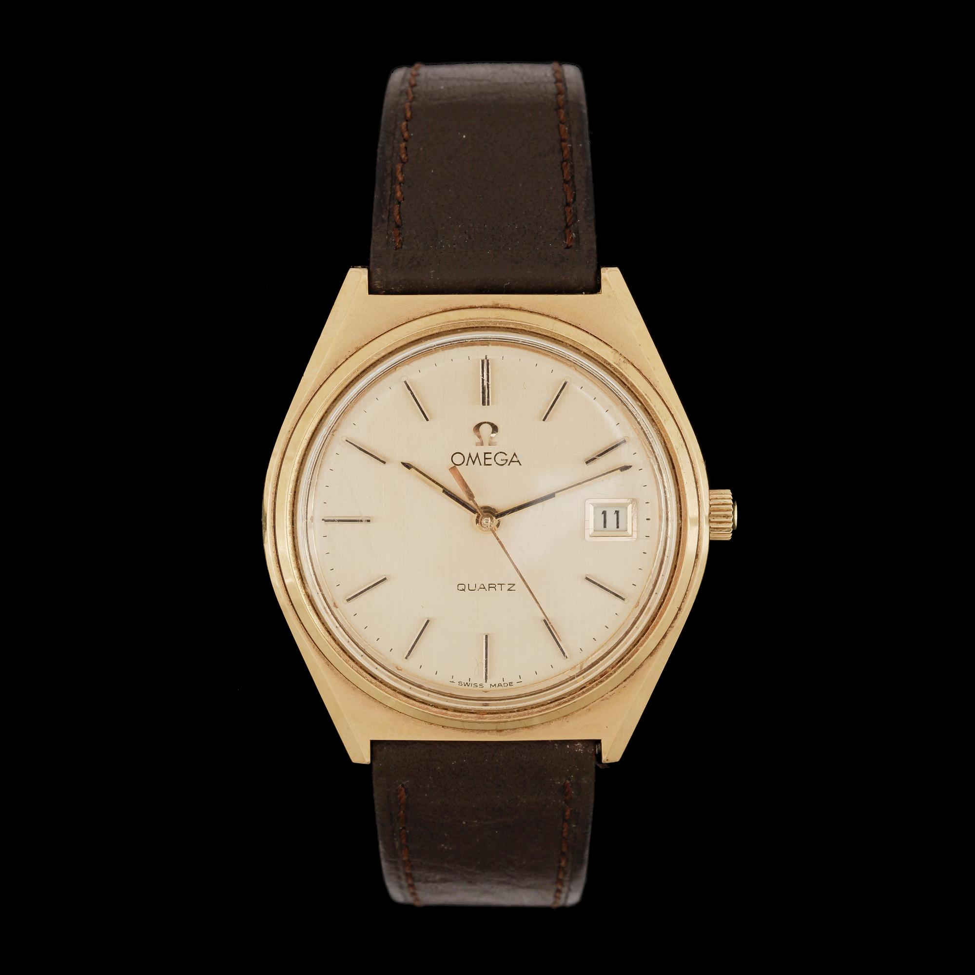 HERRARMBANDSUR, doublé, bakboett i stål, Omega Quartz, 1900-talets sista kvartal.