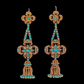 1002. A pair of 19th century turqoise earrings.