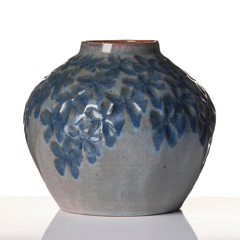 Hilma Persson-Hjelm, a glazed earthenware art nouveau vase, executed in her own studio, Arvika 1916. No 3807.