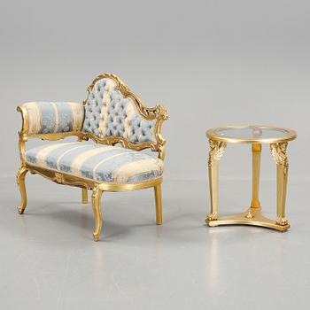 SOFFA med BORD, rokokostil resp empirestil, modern tillverkning.