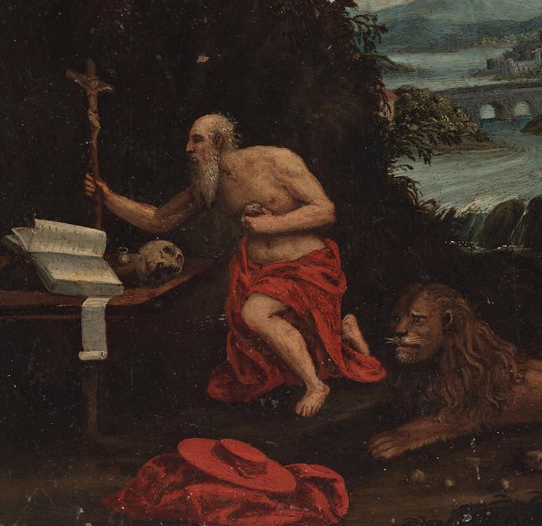 Adriaen van Stalbemt Attributed to, Landscape with St. Jerome.