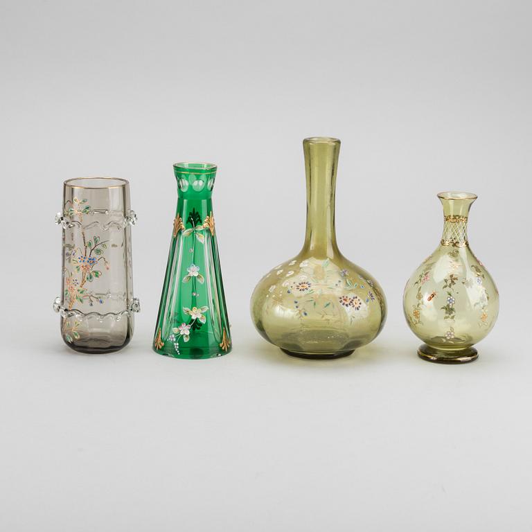 A set of four French Art Nouveau glass vases hand painted.