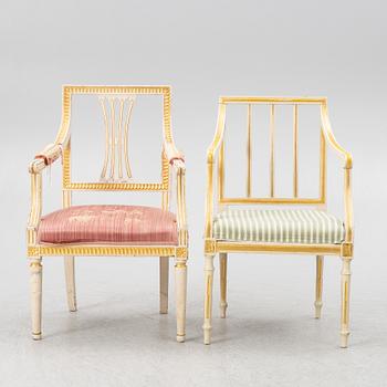 Karmstolar, 2+1 st, sengustavianska, omkring år 1800.