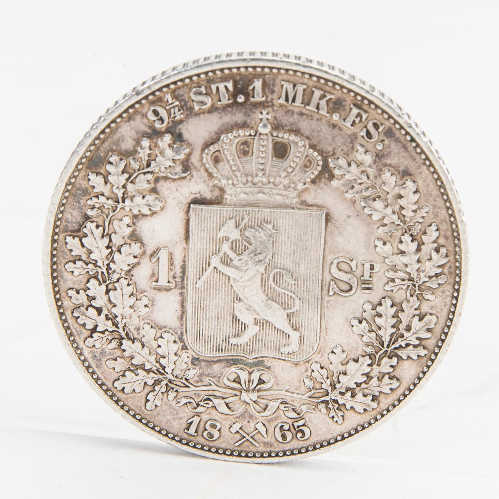 Mynt silver Norge, 1 Speciedaler, 1865, Karl XV kung av Norge och Sverige.