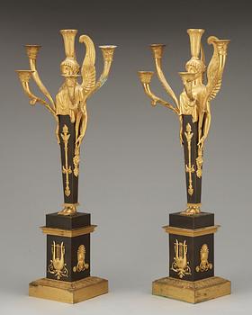 A pair of French Empire early 19th Century five-light candelabra.