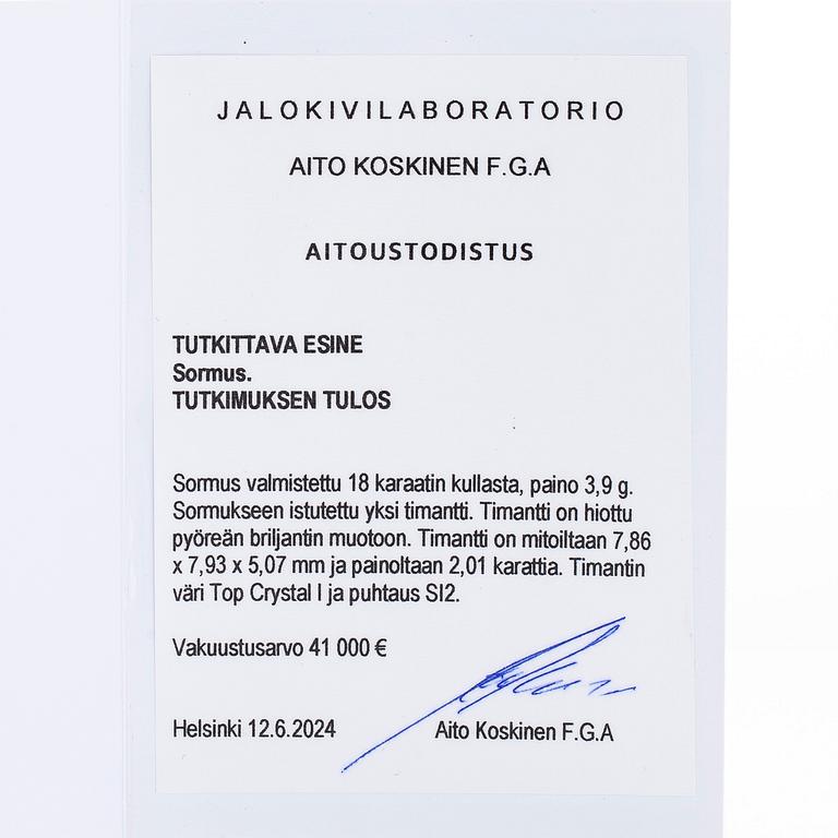 An 18K rose gold ring, with a brilliant-cut diamond approximately 2.01 ct, accompanying HRD report.