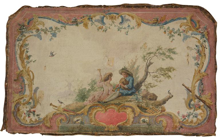 Lars Bolander, attributed to, Pastoral with shepherd and shepherdess, a pair, door overpanels.