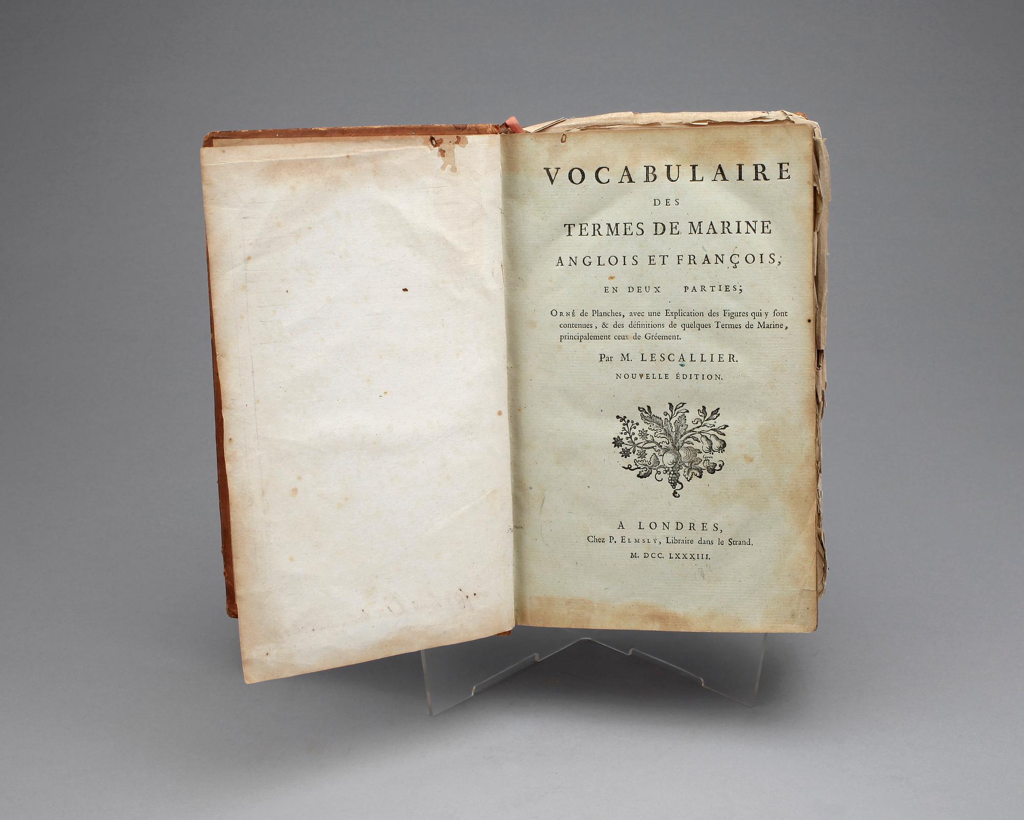 BOK, "Vocabulaire des Termes de Marine Anglois et Francois", 2 sambundna vol, av M. Lescallier, London 1783.