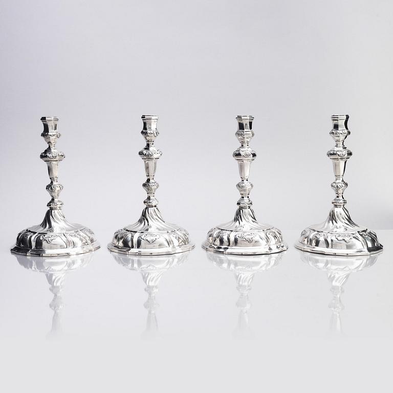 Four silver candlesticks, marks of Christian Drentwett II, Augsburg (1765-1767), two (1781-1783) and possibly (1743-45).