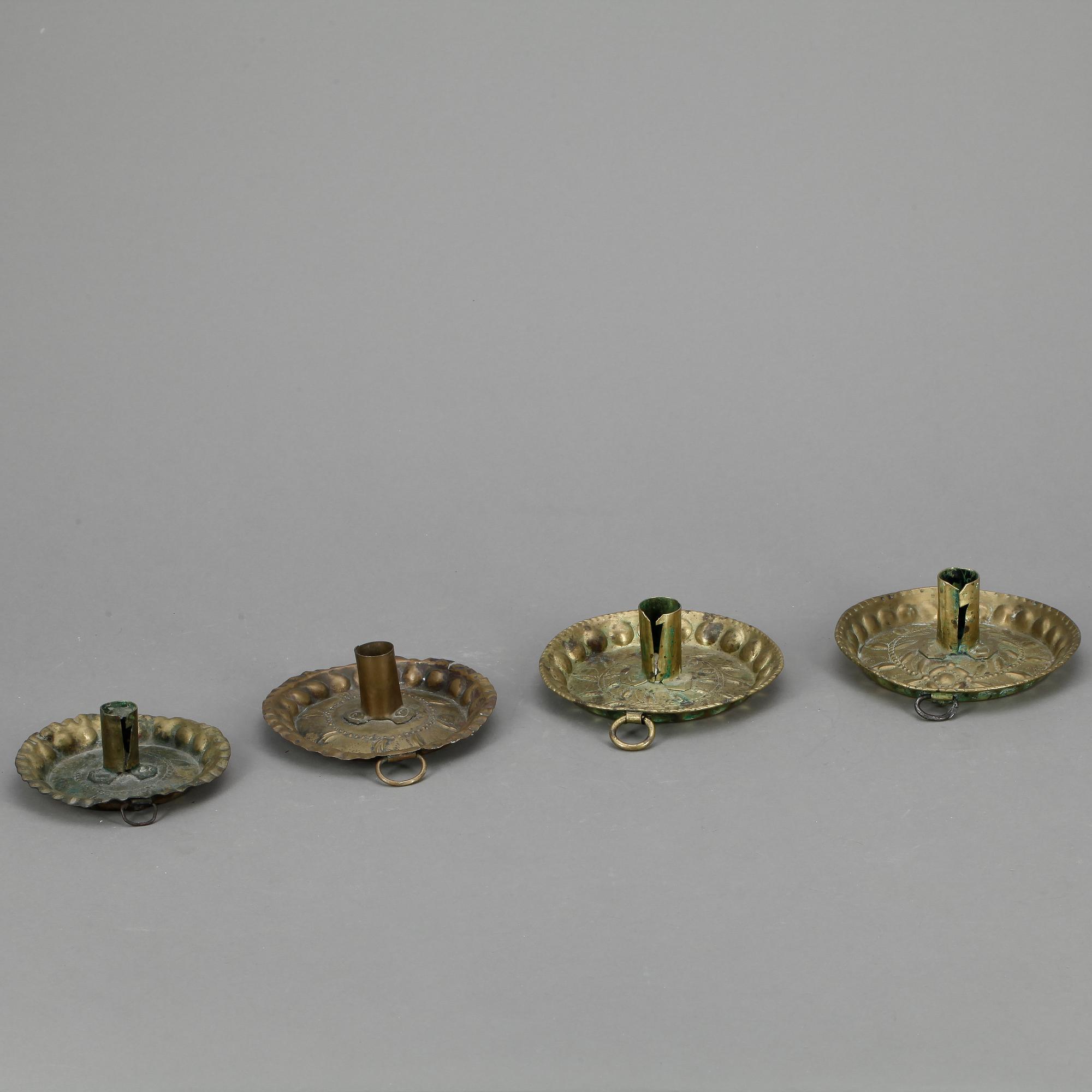 LJUSSTAKAR, 4 st, mässing, 1700/1800-tal.