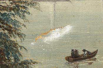 Tysk skola, omkring 1860. Flodlandskap med figurer och båtar.