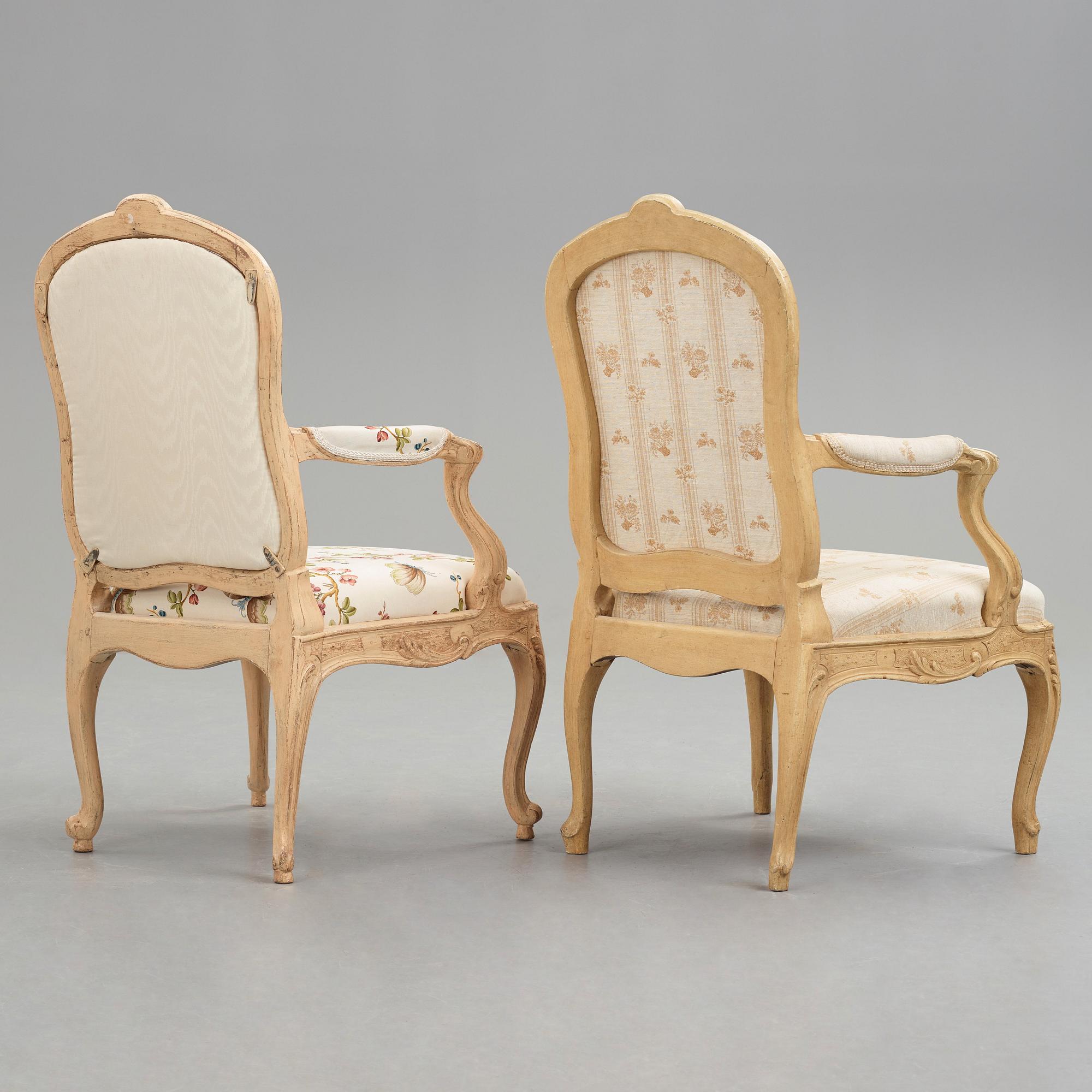 Two matched Swedish Rococo 18th century armchairs.