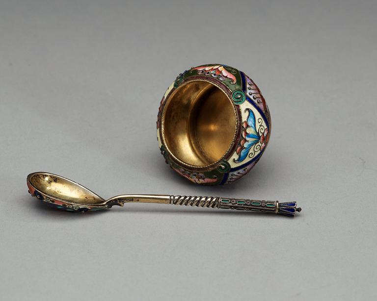 A Russian 19th century silver-gilt and enamel salt and coffee-spoon.