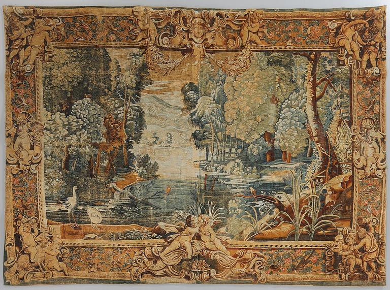 TAPESTRY, Verdure Au lac, linen. France/Belgium. Early 1900`s. Circa 286 x 208 cm.