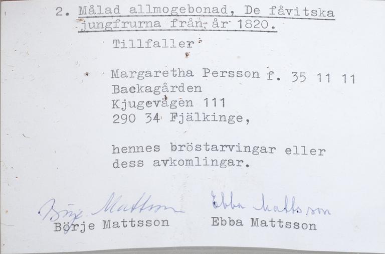 VÄGGMÅLNING, allmoge. Dat. 1820.