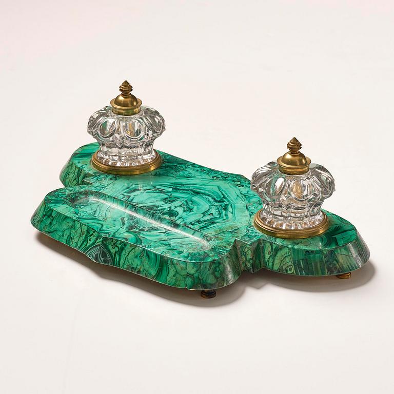 A Russian Alexander III malachite-veneered inkstand, late 19th century.
