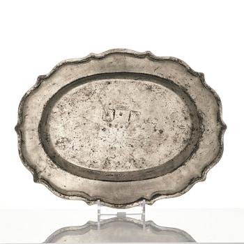 A rococo pewter charger by J. G. Ryman, Stockholm 1768.
