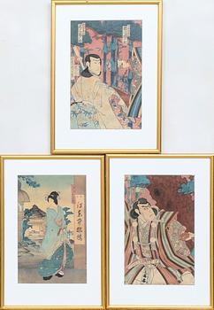 Three woodcuts, Yoshu Chikanobu and two parts of a triptych, unknown artist, Japan 19th century.