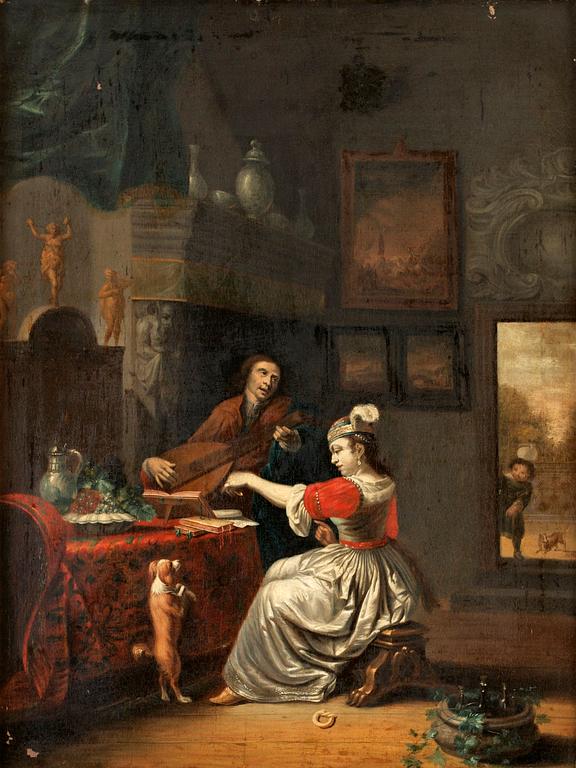 Gabriel Metsu Hans efterföljd, Interiör med galant sällskap och hund.