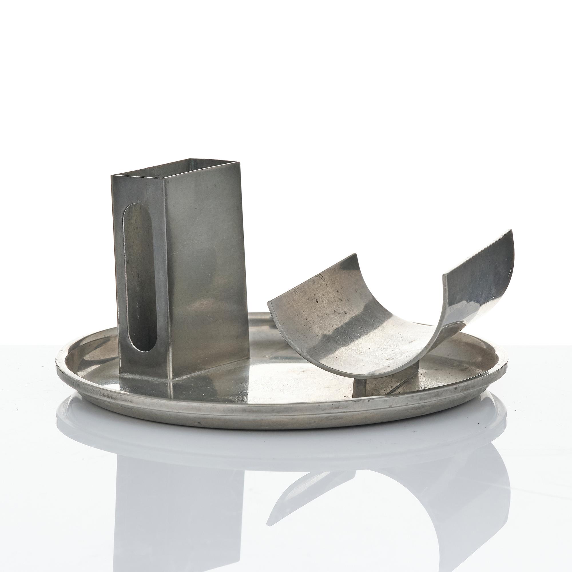 Ystad-Metall, a pair of candlesticks and a tray, 1938-42.