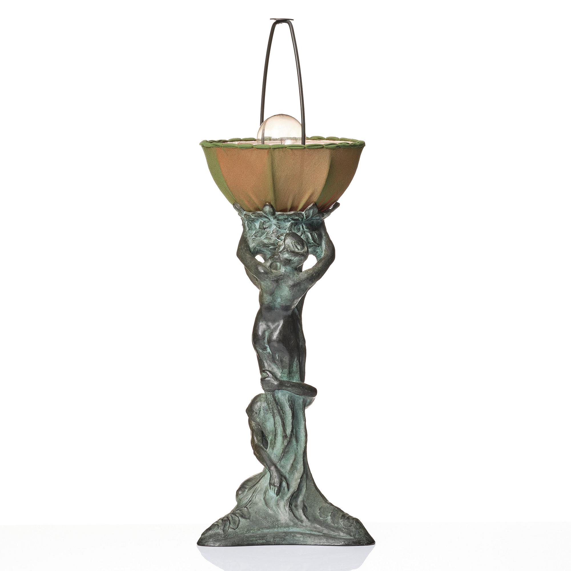 Alice Nordin, an Art Nouveau patinated bronze table lamp "Night and Morning", Herman Bergman's foundry, Stockholm, early 1900s.