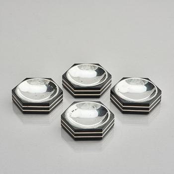 Guldsmedsaktiebolaget (GAB), four silver and bakelite salt-cellars, design by Eric Pihlgren, Stockholm, Sweden 1938.