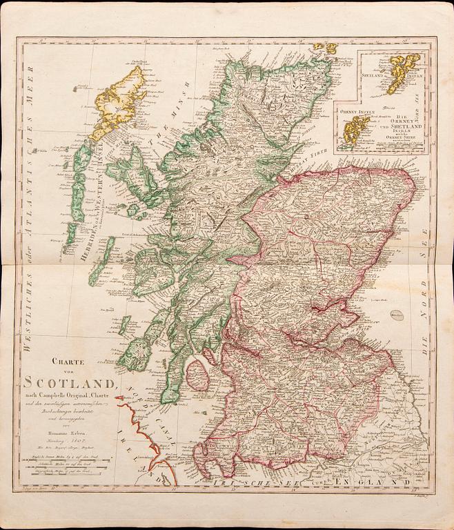 Homannn's Heirs, map Scotland, hand colored copper engraving, Nürnberg 1807.