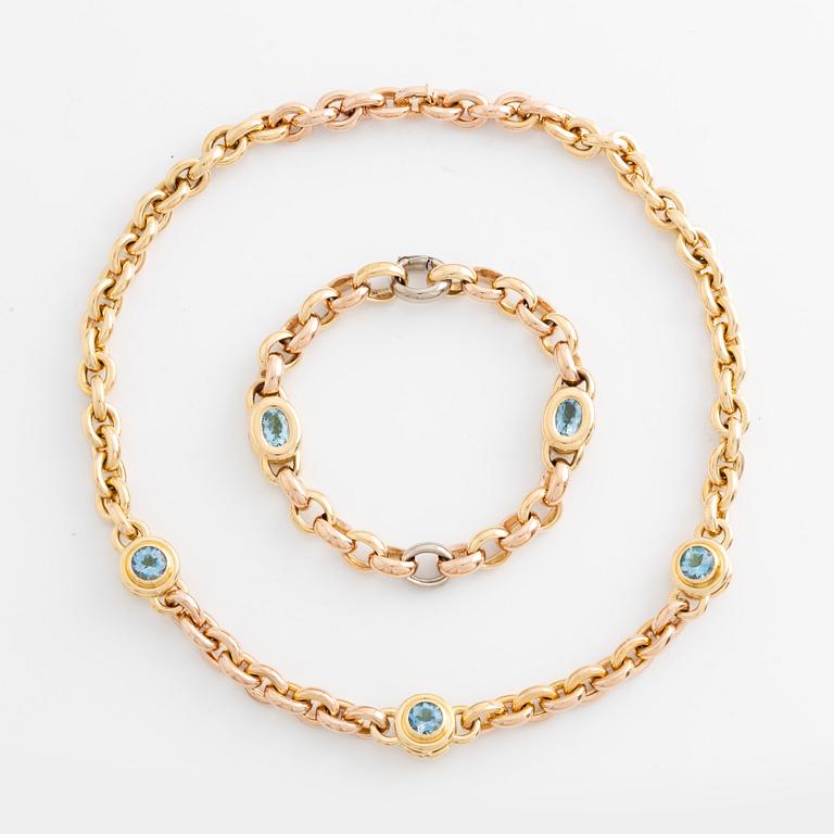 Gaudy, necklace and bracelet with peridot and aquamarines.