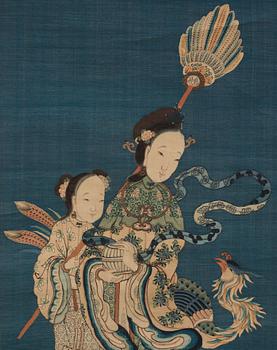 A blue ground kesi hanging scroll, depicting Xi Wangmu with a Jade girl and Phoenix, Qing dynasty, 19th Century.