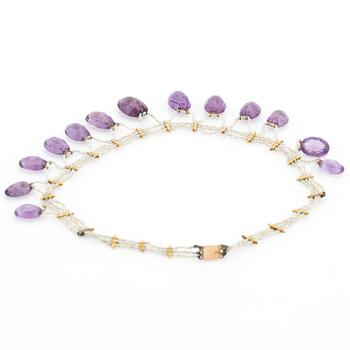 Necklace, 18k gold with amethysts and seed pearls.