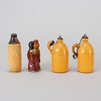 Four Chinese snuff bottles and a Book, 20th century.