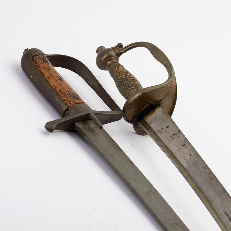 Sabres, 2, cavalry sabre and cutlass, Sweden, 19th century.