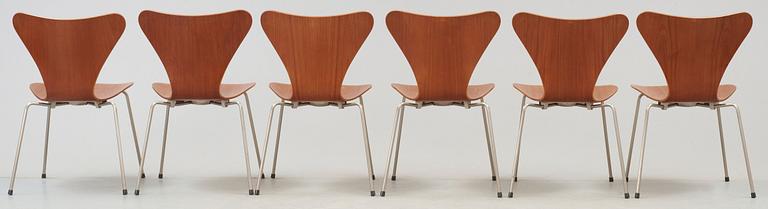 A set of six Arne Jacobsen 'Series 7' teak and steel chairs, Fritz Hansen, 1950's.