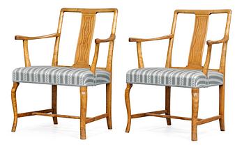 A set of 4 Carl Malmsten birch chairs and 2 armchairs, Nordiska Kompaniet 1920's.