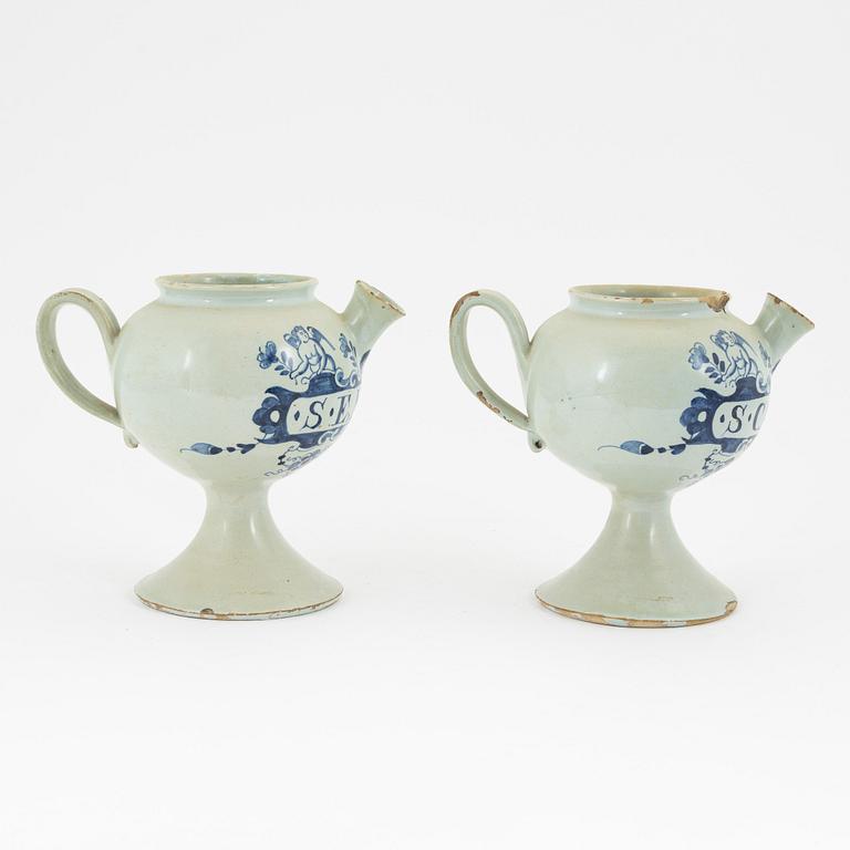 A pair of glazed earthenware apothecary pots, 18th century, presumably Holland.