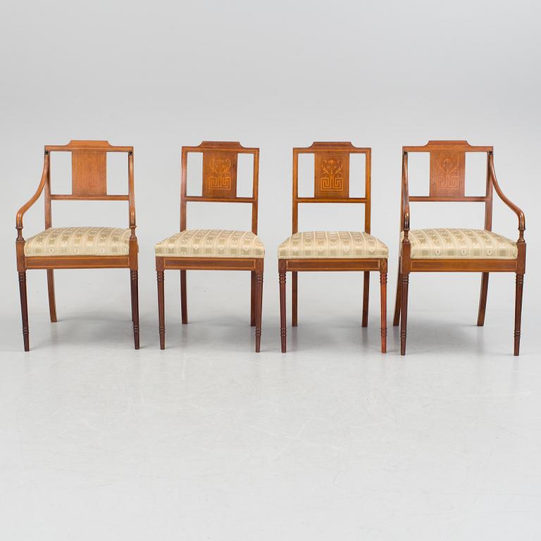 A 1920/30s Swedish Grace sofa, a pair of chairs, a pair of armchairs and a table veneered with mahogany.