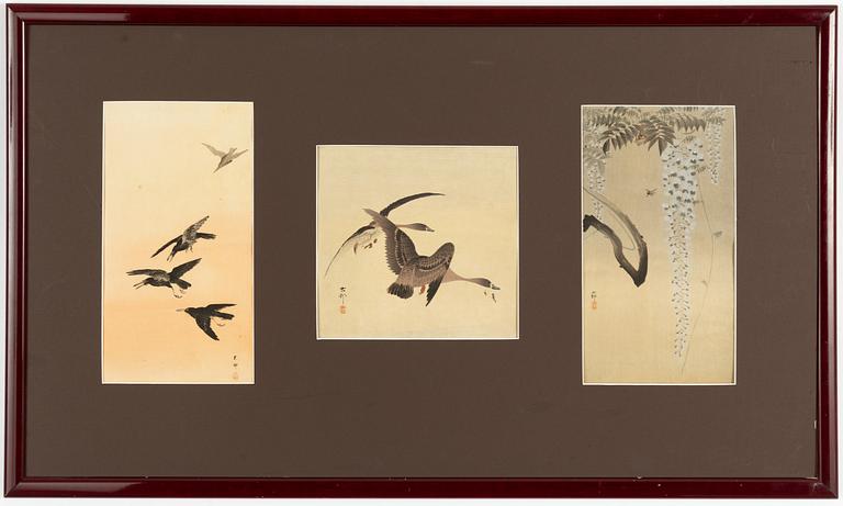 Ohara Koson, 'Four crows in flight', 'Geese and a full moon', 'Wisteria and bee'.