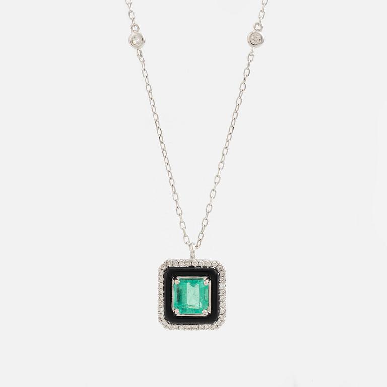 Emerald, onyx and brilliant cut diamond necklace.