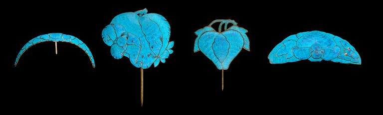 A set of four Kingfisher feather hair ornaments, Qing dynasty.