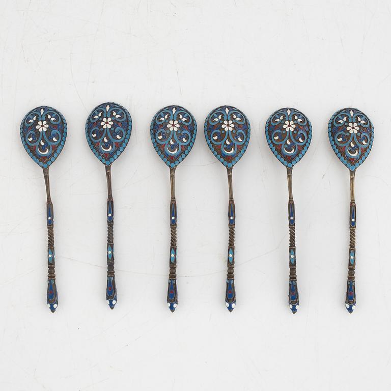 6 enamel spoons, Moscow, Russia, 1882-1890.