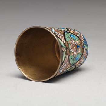 A Russian early 20th century silver-gilt and enamel beaker, mark of the 6th Artel, Moscow 1908-1917.