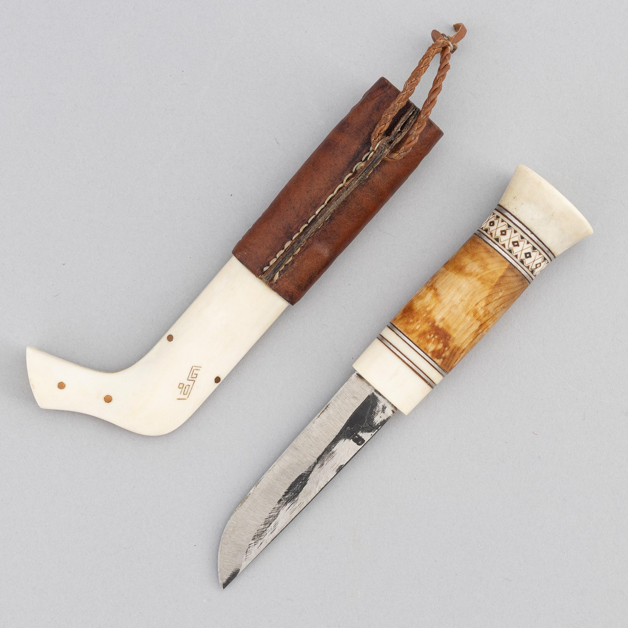 A Sami reindeer horn knife, signed SG/GS and dated 90.