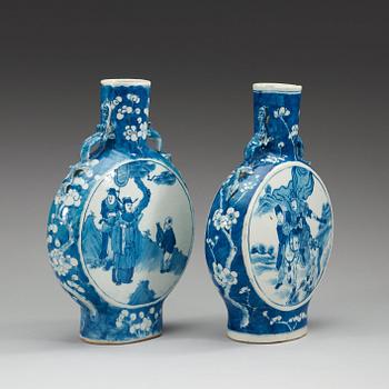 A set of two blue and white moon flask, Qing dynasty, 19th Century.