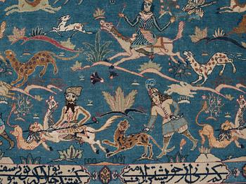 A CARPET, an antique/semi-antique Tabriz part silk figural, ca 345-346 x 217,5-232 cm.