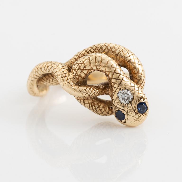 Ring, orm med briljantslipad diamant och safirer, 1800-tal.