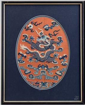 Two silk embroidered pieces, framed, late Qing dynasty.