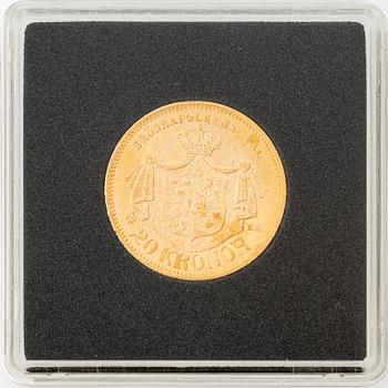 Guldmynt, Oscar II, 20 kronor, typ II, Sverige 1877.